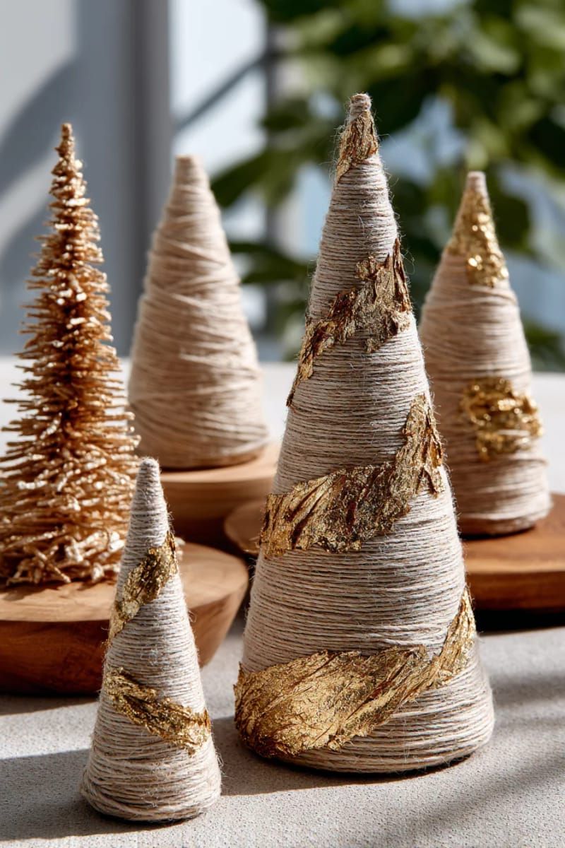 twine-wrapped cone trees with gold leaf for a modern rustic display 1