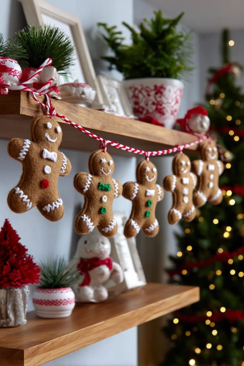 felt gingerbread men garland with mini candy cane accents 1