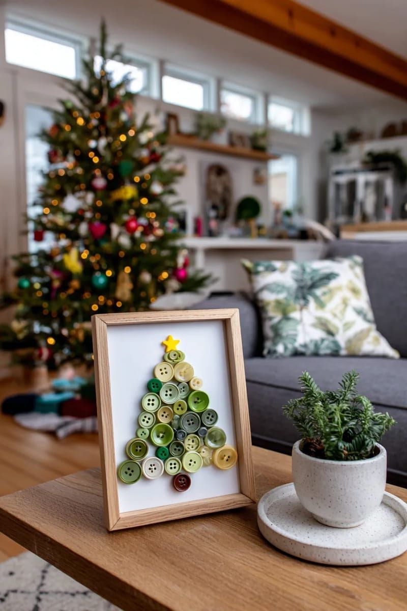 framed mini christmas tree made from layered green buttons 1