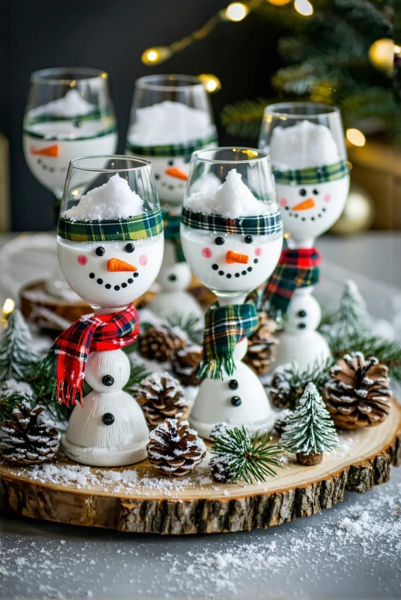 wine glass snowmen with painted faces and mini scarves 1