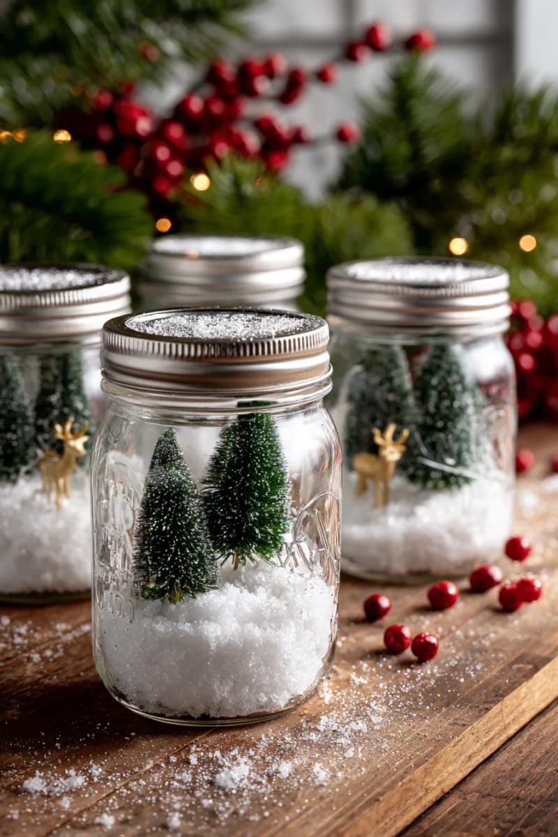mason jar snow globes with bottle brush trees and glitter 1