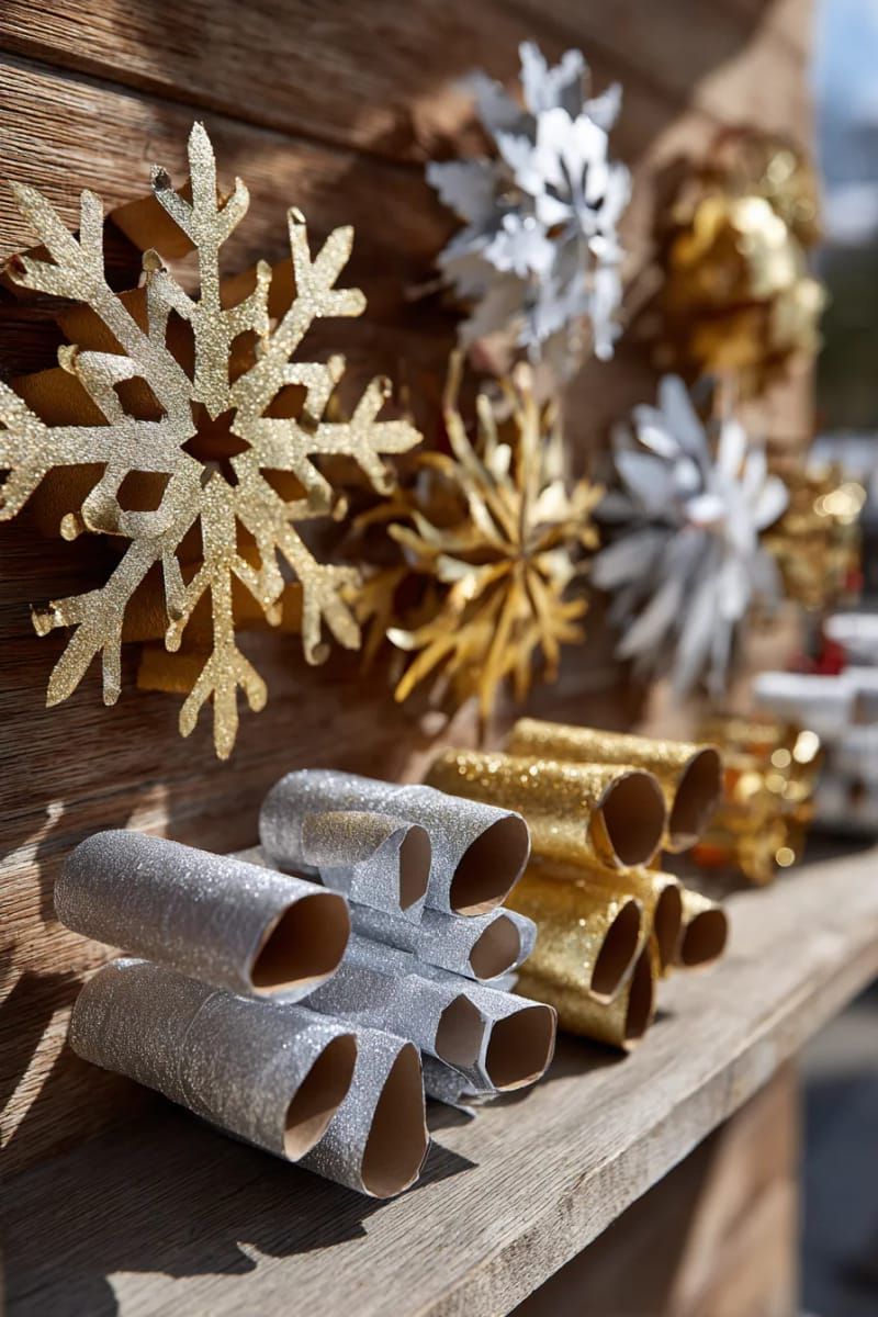 toilet paper roll snowflakes painted metallic for budget wall art 1