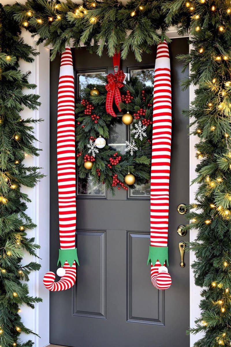 hanging elf legs from door corners for whimsical entryway cheer 1