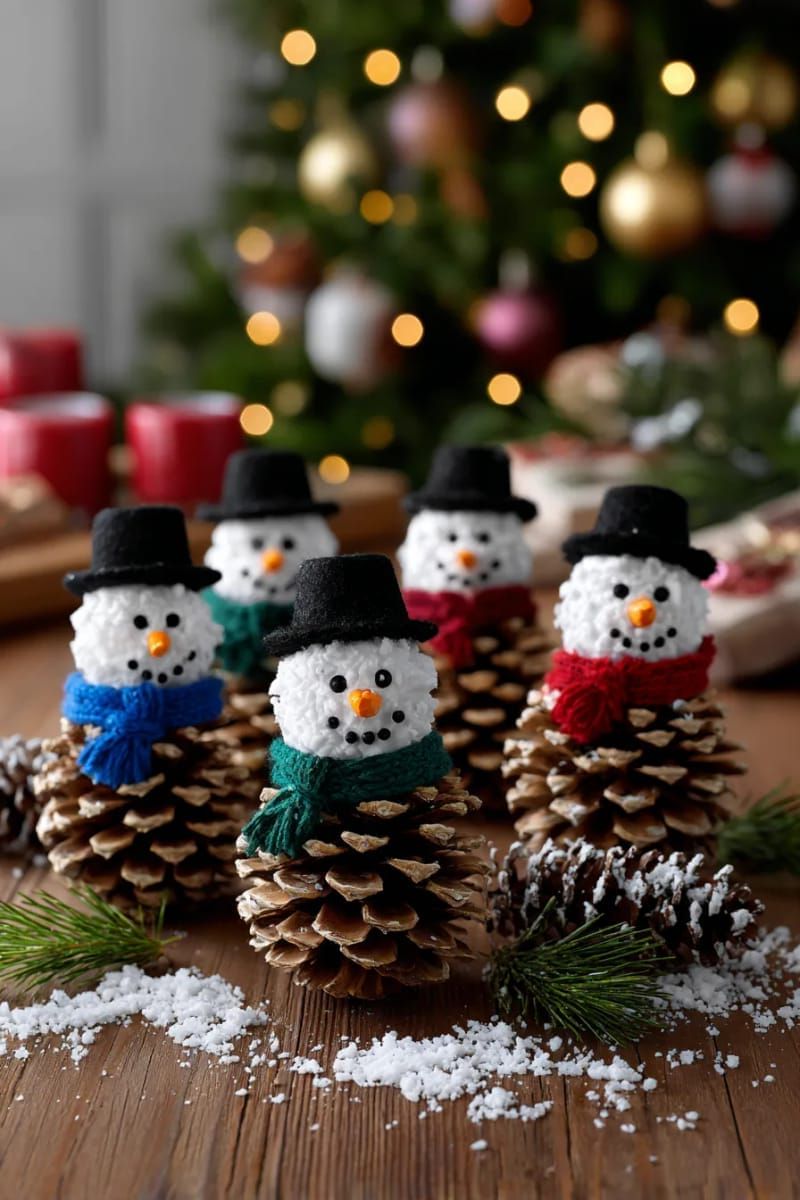 pinecone snowman family with felt scarves and button hats 1