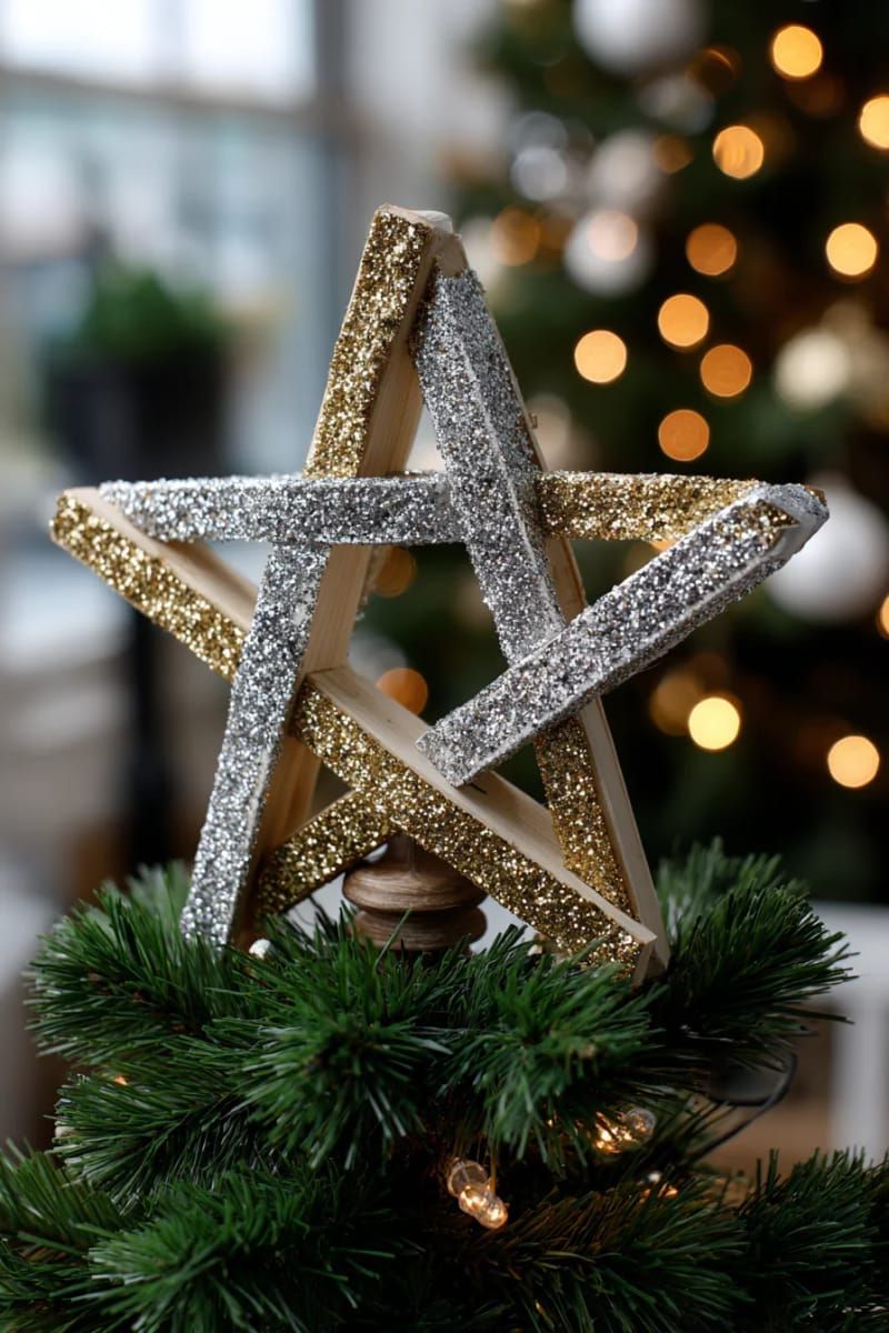 glittery 3d star crafted from popsicle sticks for tree toppers 1