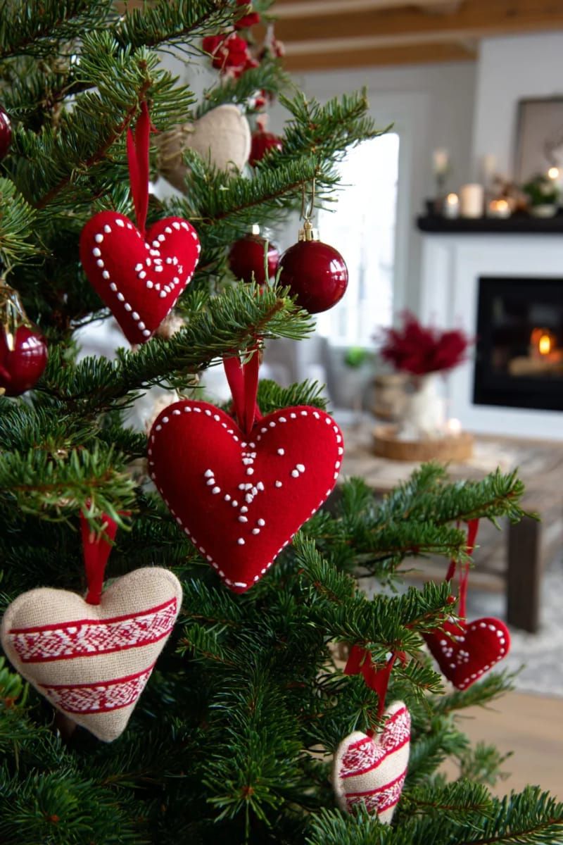 red felt and bead scandinavian heart ornaments 1