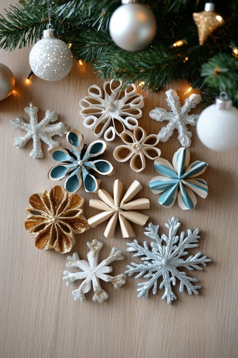 toilet paper roll snowflakes painted metallic for budget wall art 1