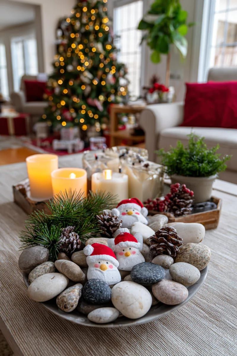 santa stone faces painted on smooth river rocks for mantel decor 1