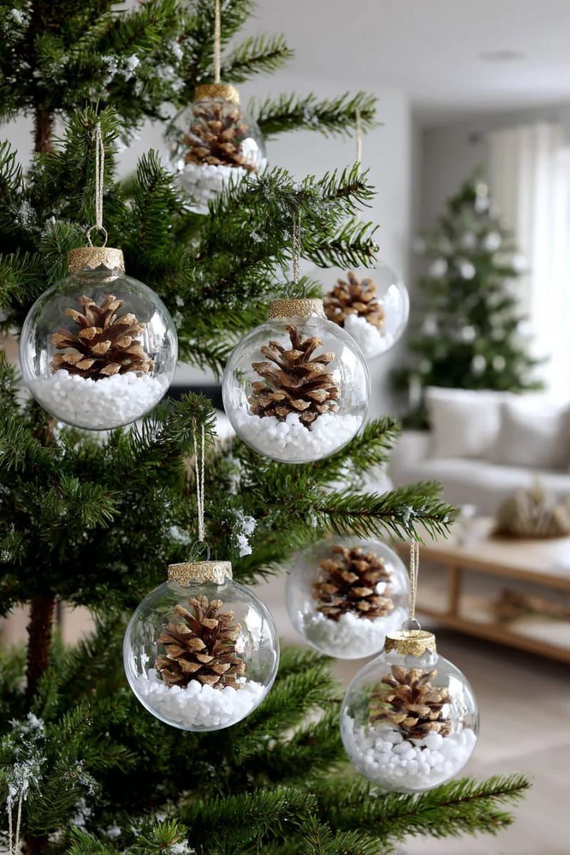 clear christmas balls filled with faux snow and mini pinecones 1