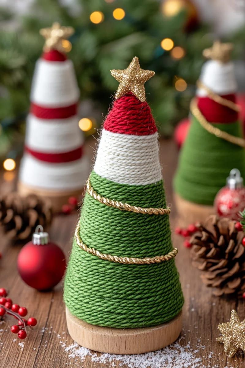 mini christmas trees made from wrapped yarn cones 1