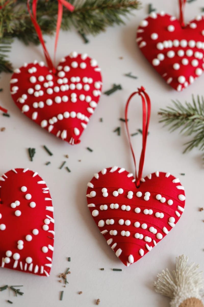 red felt and bead scandinavian heart ornaments 1