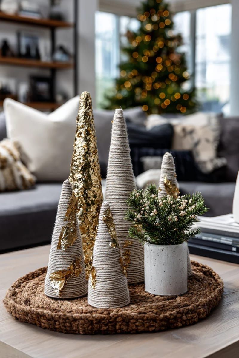 twine-wrapped cone trees with gold leaf for a modern rustic display 1