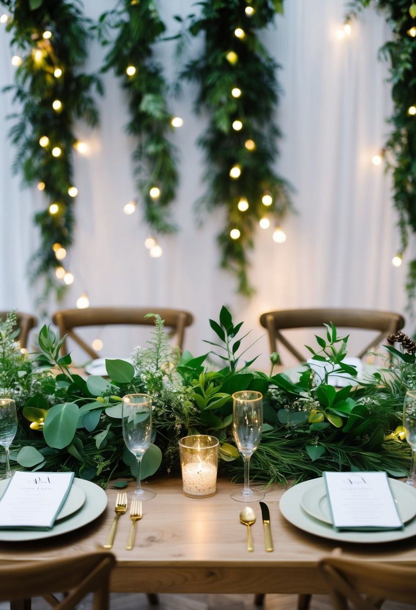 A table adorned with lush greenery and twinkling fairy lights, creating a natural and enchanting wedding table decoration