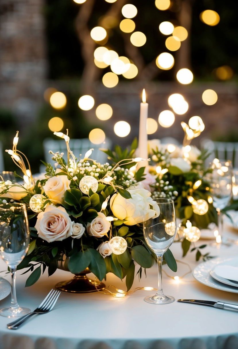 Fairy lights intertwine with floral arrangements on a wedding table, adding sparkle and enchantment to the scene