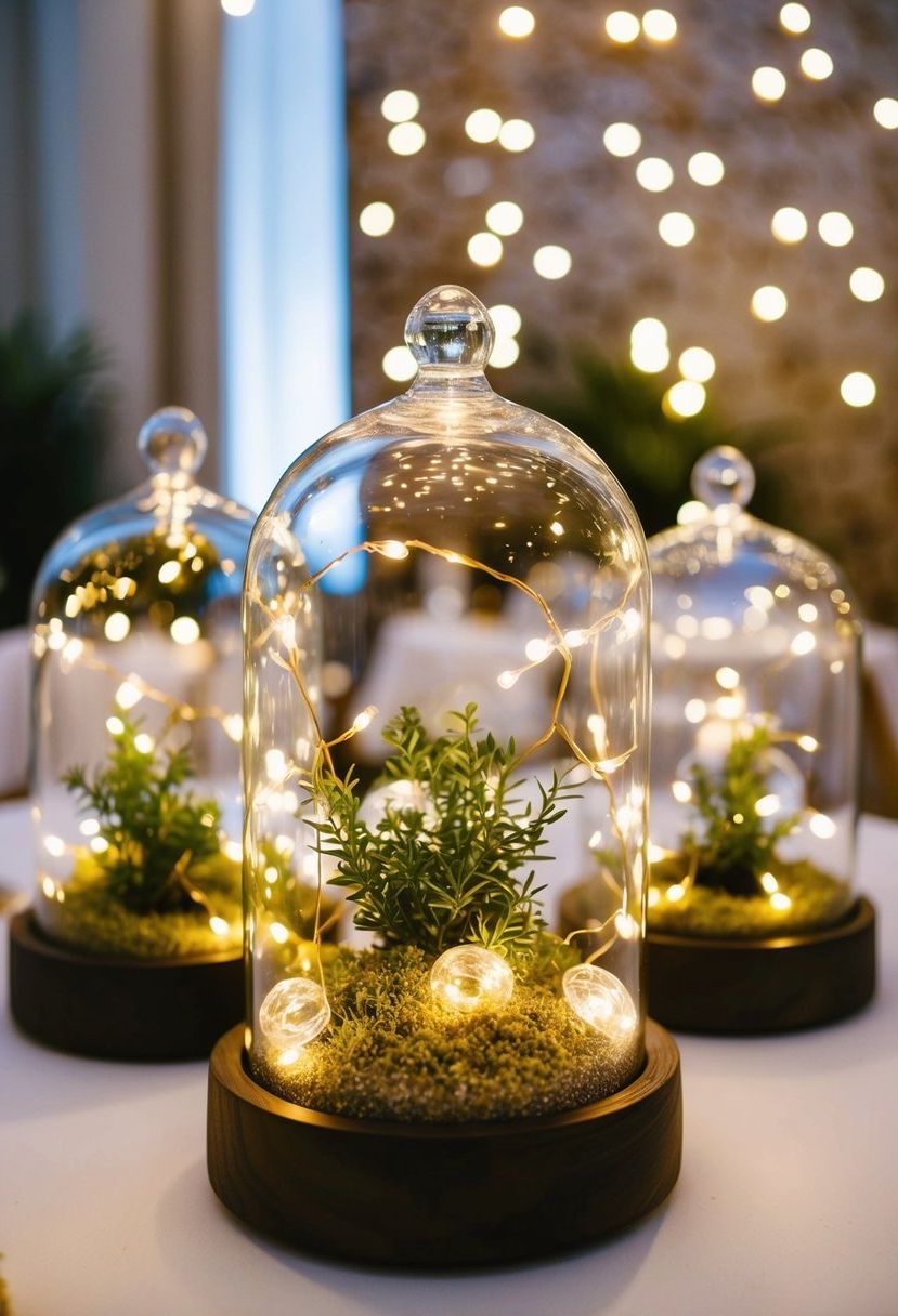 Fairy lights twinkle inside glass terrariums, creating a magical centerpiece for a wedding table