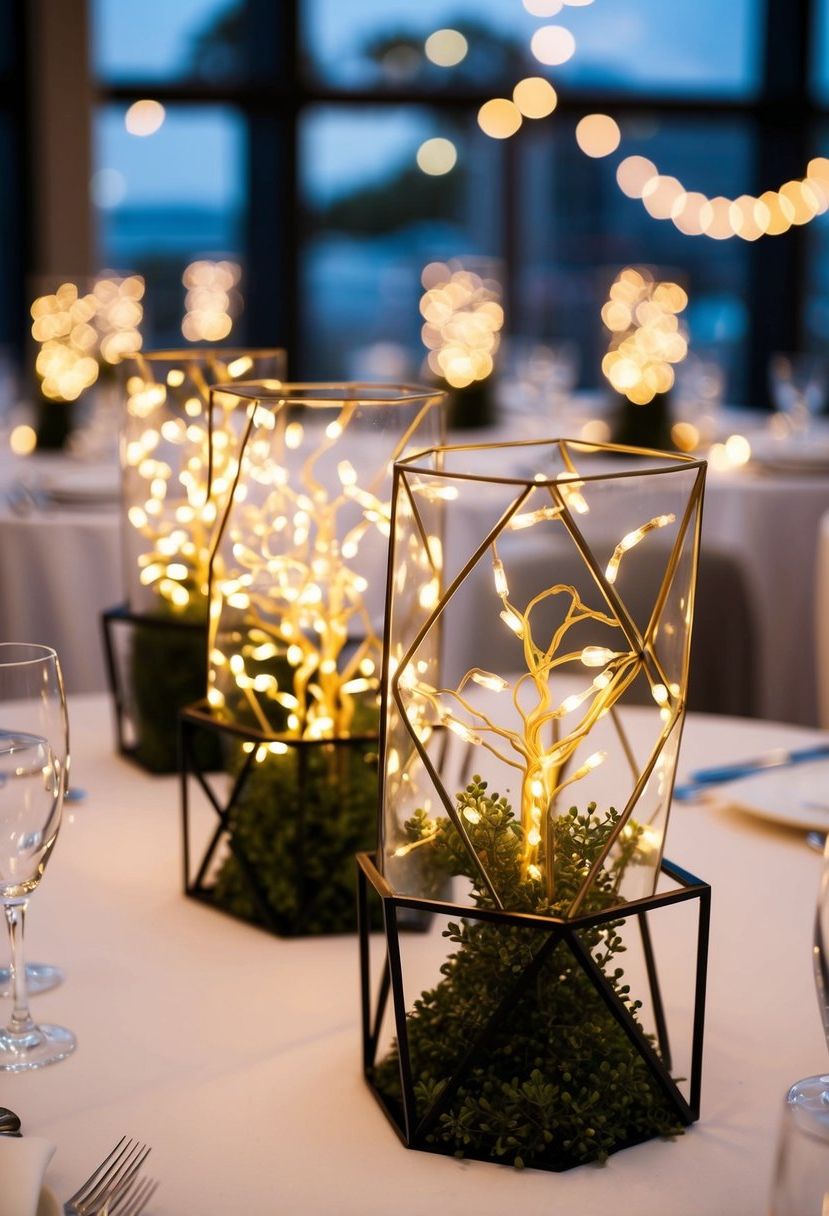 Fairy lights twinkle inside geometric holders, adorning wedding tables with a modern touch