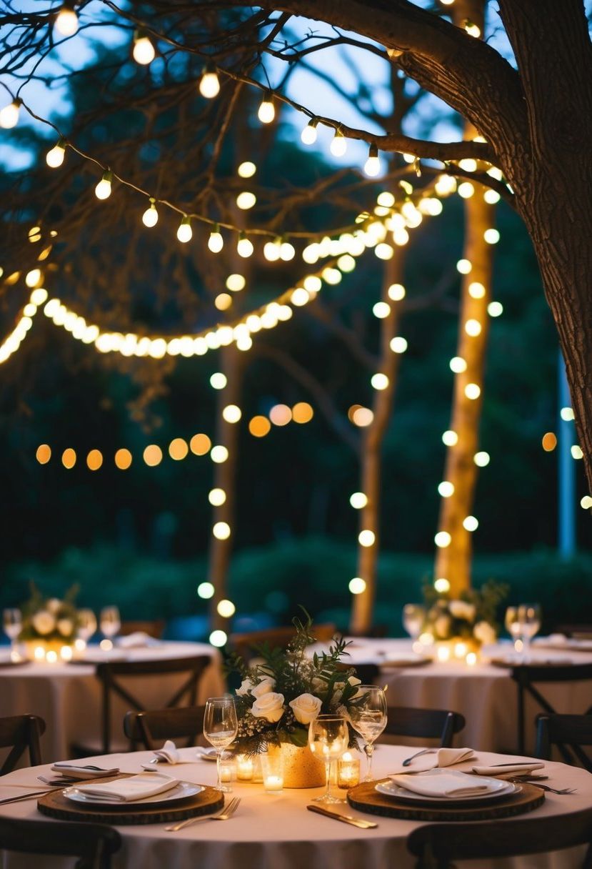 Fairy lights drape over tree branches, casting a warm glow for a rustic wedding table decoration