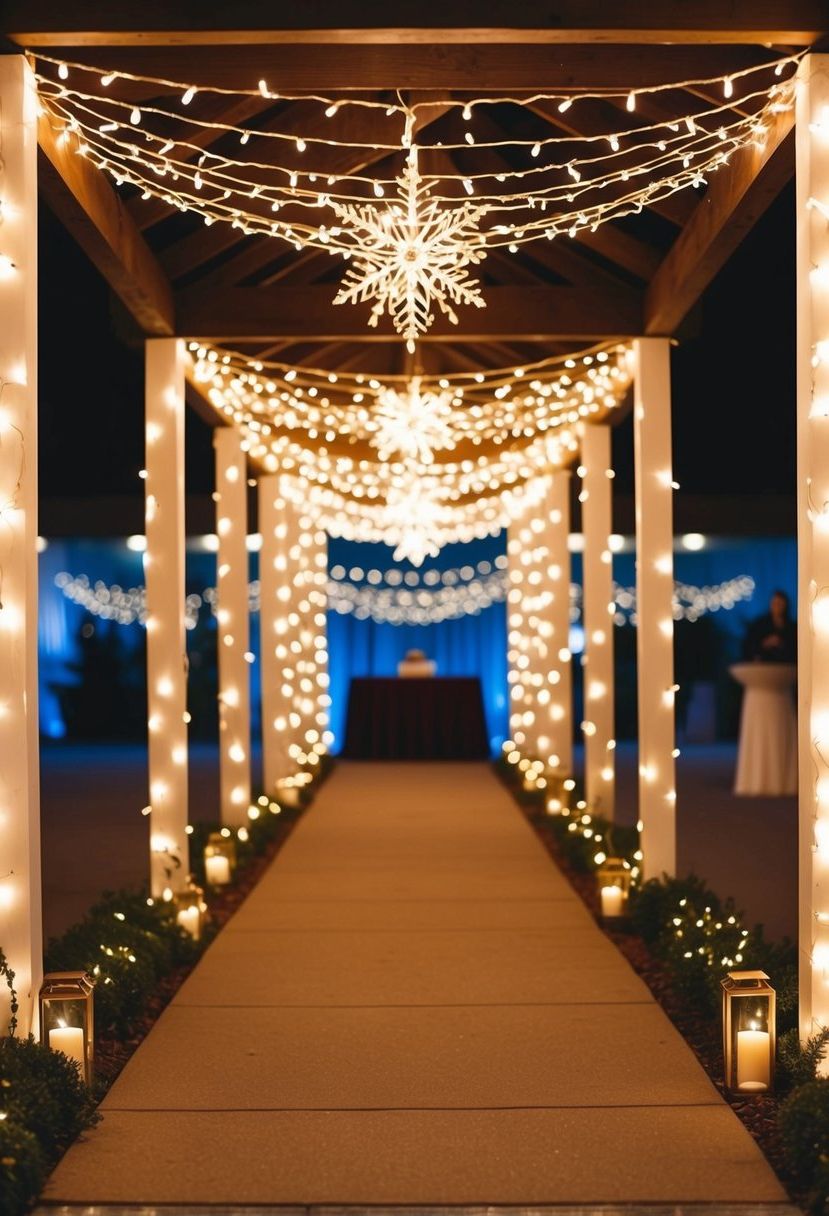 Fairy lights illuminate a pathway to a reception area