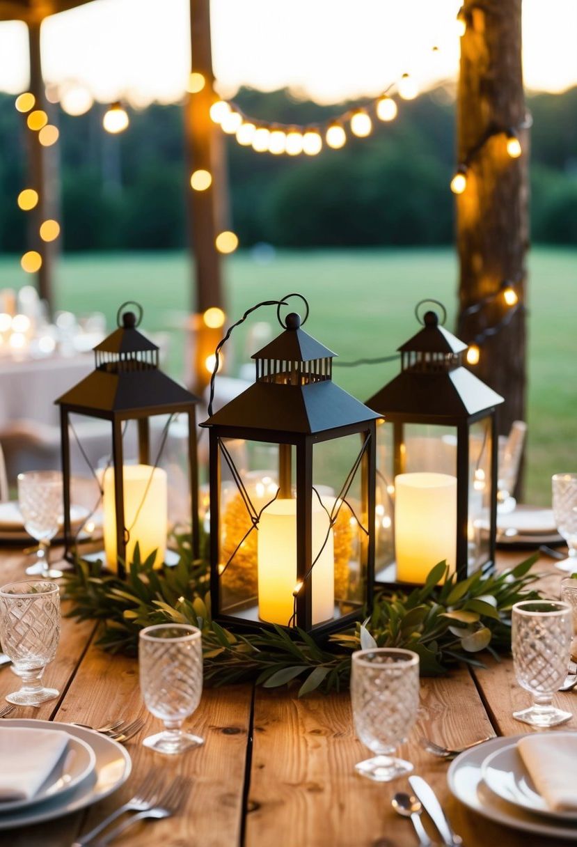 String lights wrapped around lanterns on a rustic wooden table, creating a warm and cozy centerpiece for a wedding reception