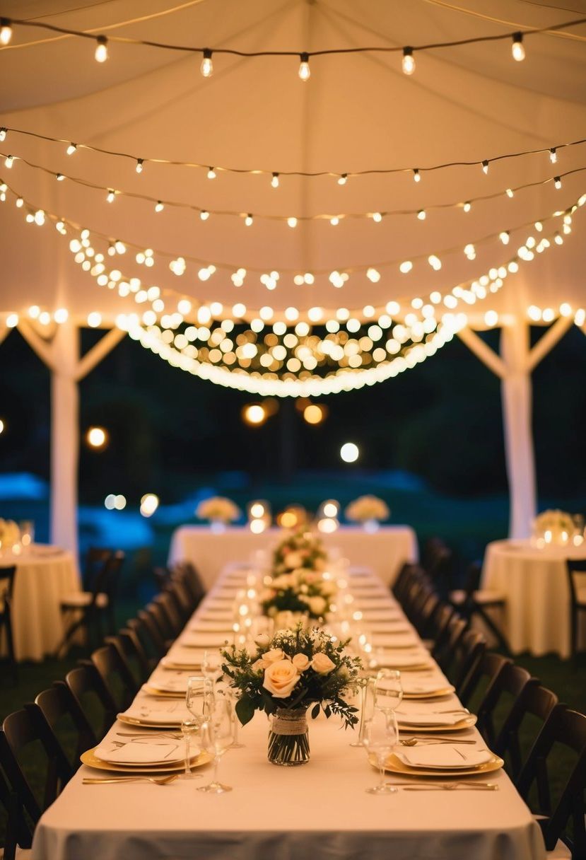 Fairy lights drape overhead, casting a warm glow over the wedding table, creating a dreamy and romantic atmosphere