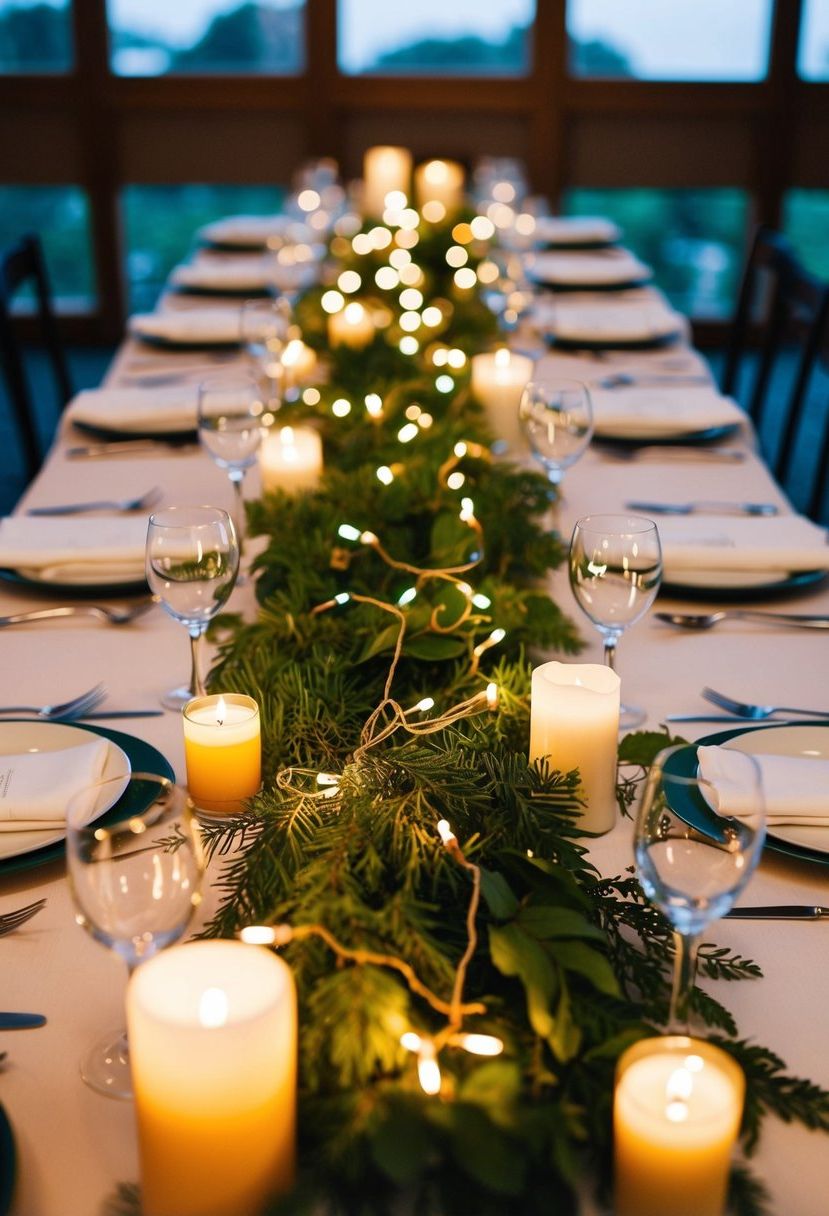 Fairy lights woven through greenery on a wedding table, surrounded by flickering candles for a warm, romantic glow