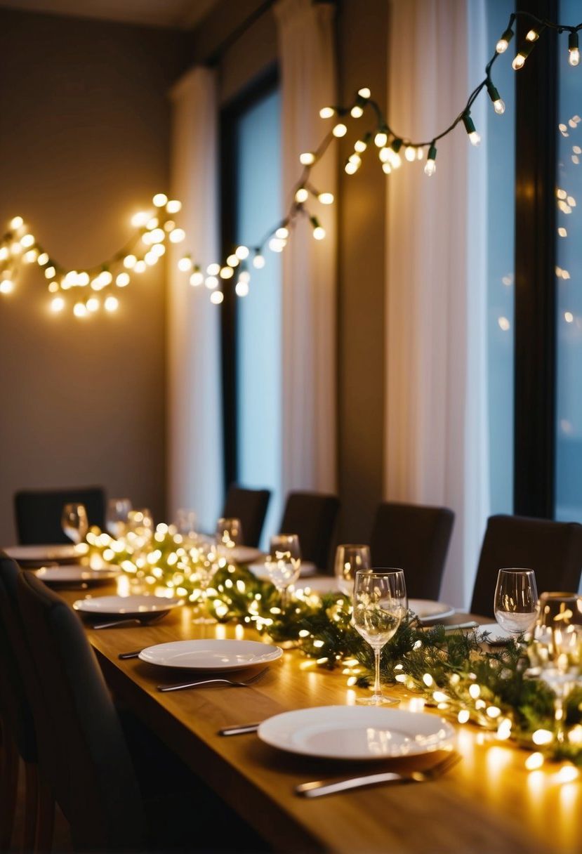 Fairy lights draped along the dining table emit an ethereal glow