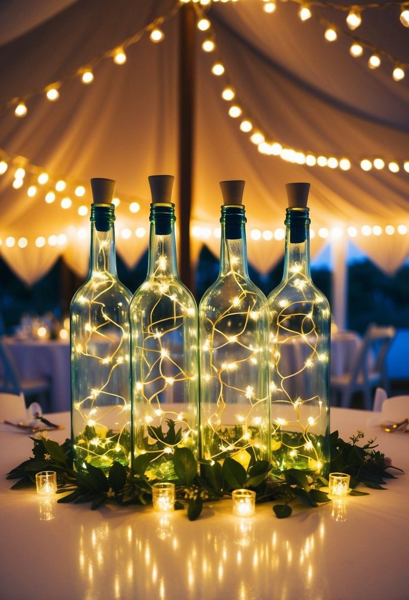 Decorative bottles filled with fairy lights illuminate a wedding table, creating a whimsical and enchanting atmosphere