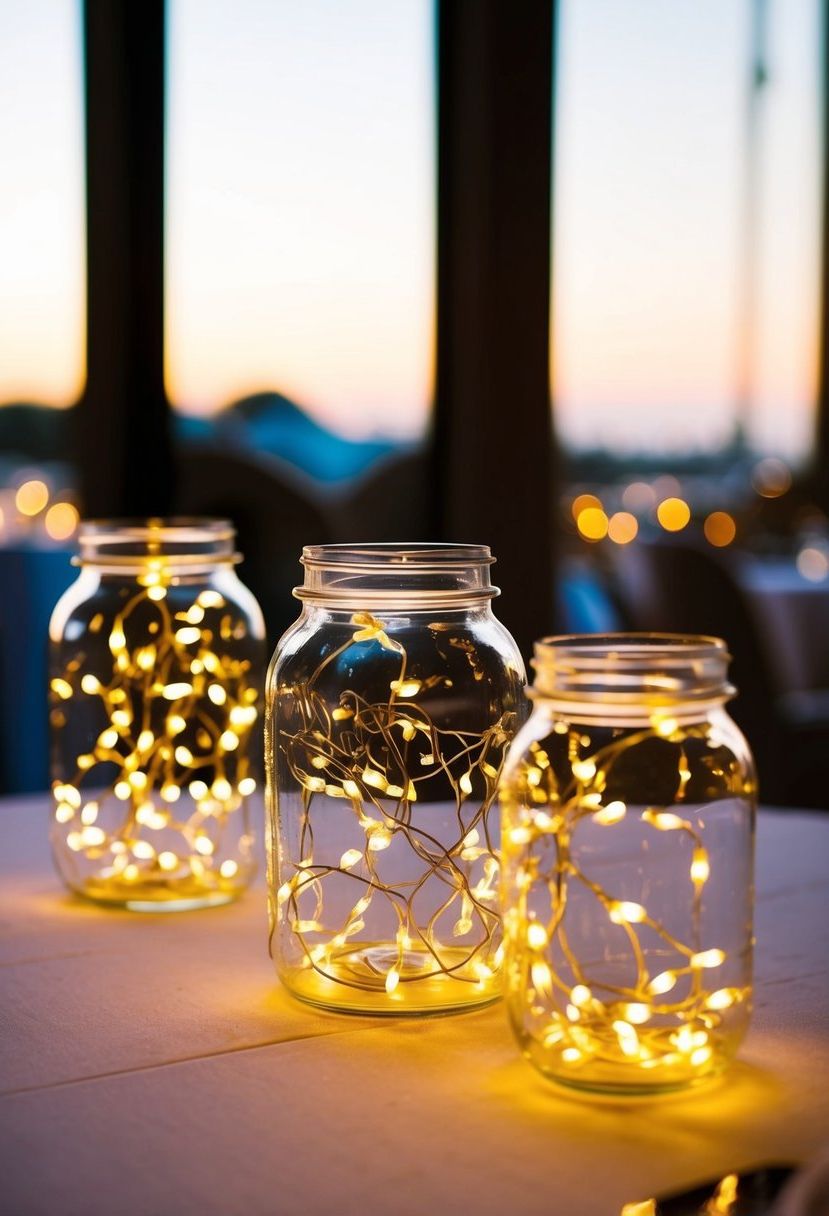Glass jars filled with fairy lights glow on a wedding table, casting an enchanting and whimsical ambiance