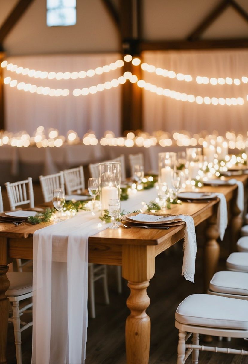 Fairy lights wrap around table edges, creating an elegant wedding decoration