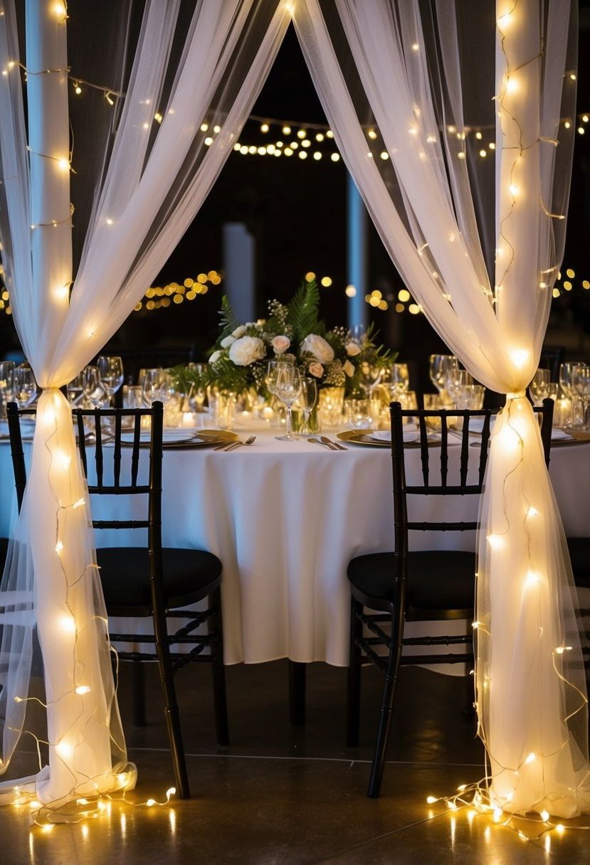 Fairy lights intertwined with tulle draped over a wedding table, creating a whimsical and enchanting ambiance
