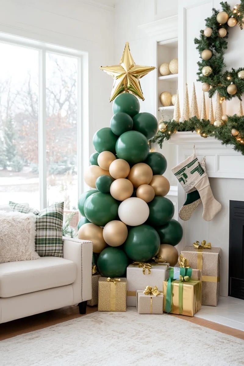 balloon christmas tree with metallic green, gold, and star topper centerpiece 1
