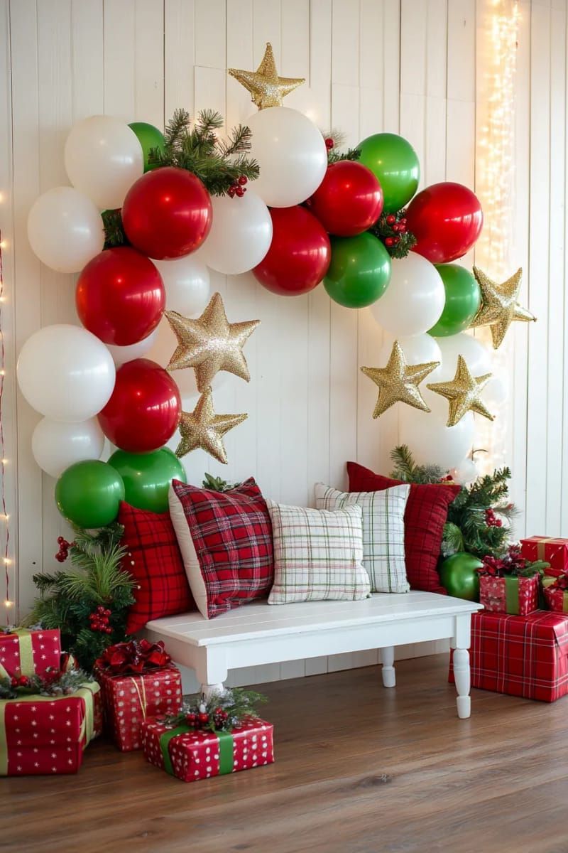balloon arch in red, green, and white for photo booth backdrop 1