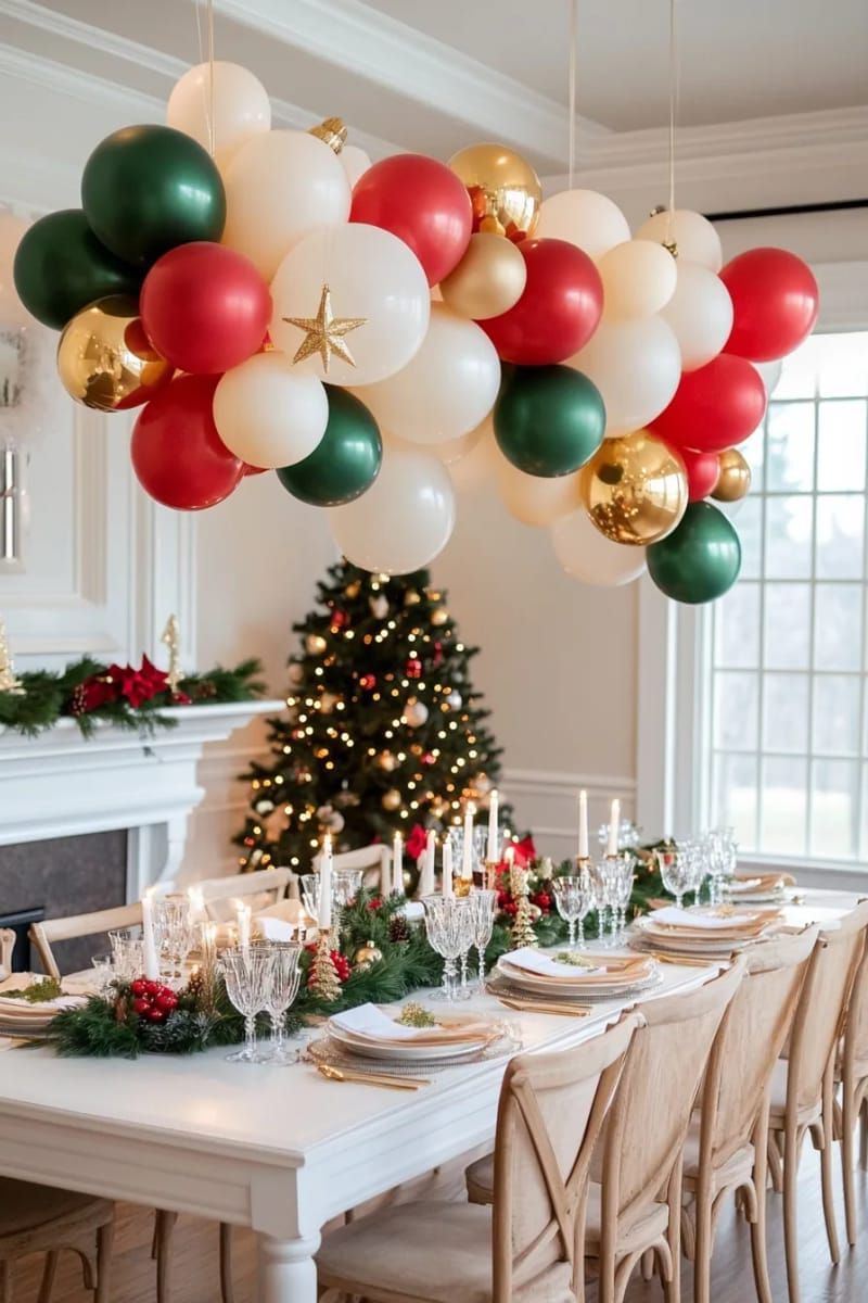 balloon ornament clusters hanging from the ceiling above the dinner table 1