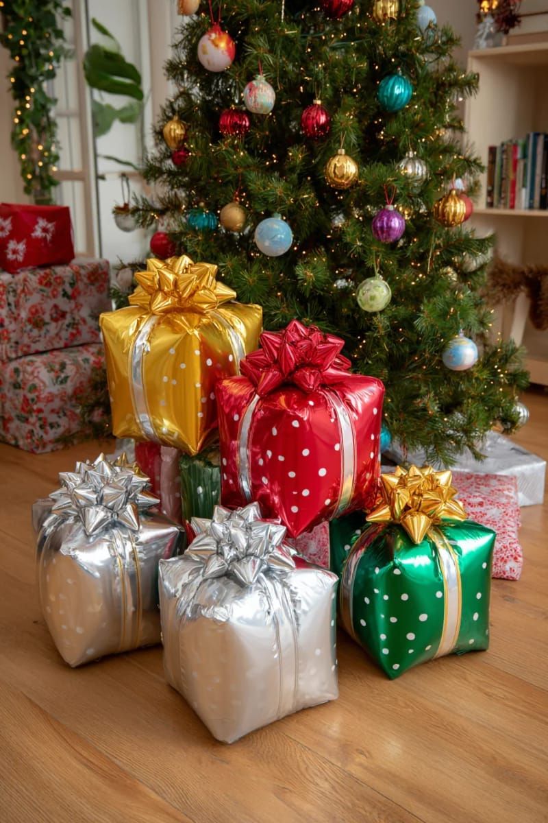 stacked balloon christmas presents with shiny bows under the tree 1