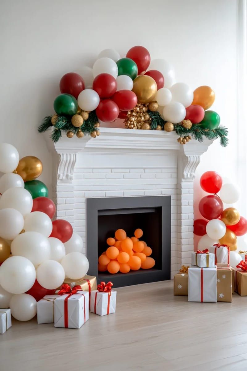 balloon fireplace with “flames” in orange and yellow for cozy vibes 1