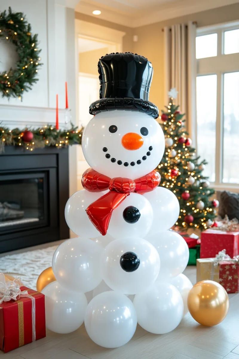 snowman sculpture with white balloons, black hat, carrot nose, and scarf 1