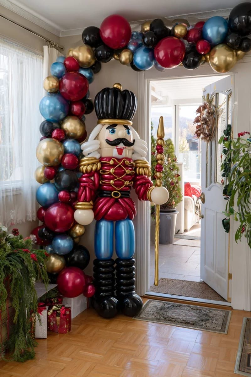 giant nutcracker figure crafted entirely from colorful balloons for door greeting 1