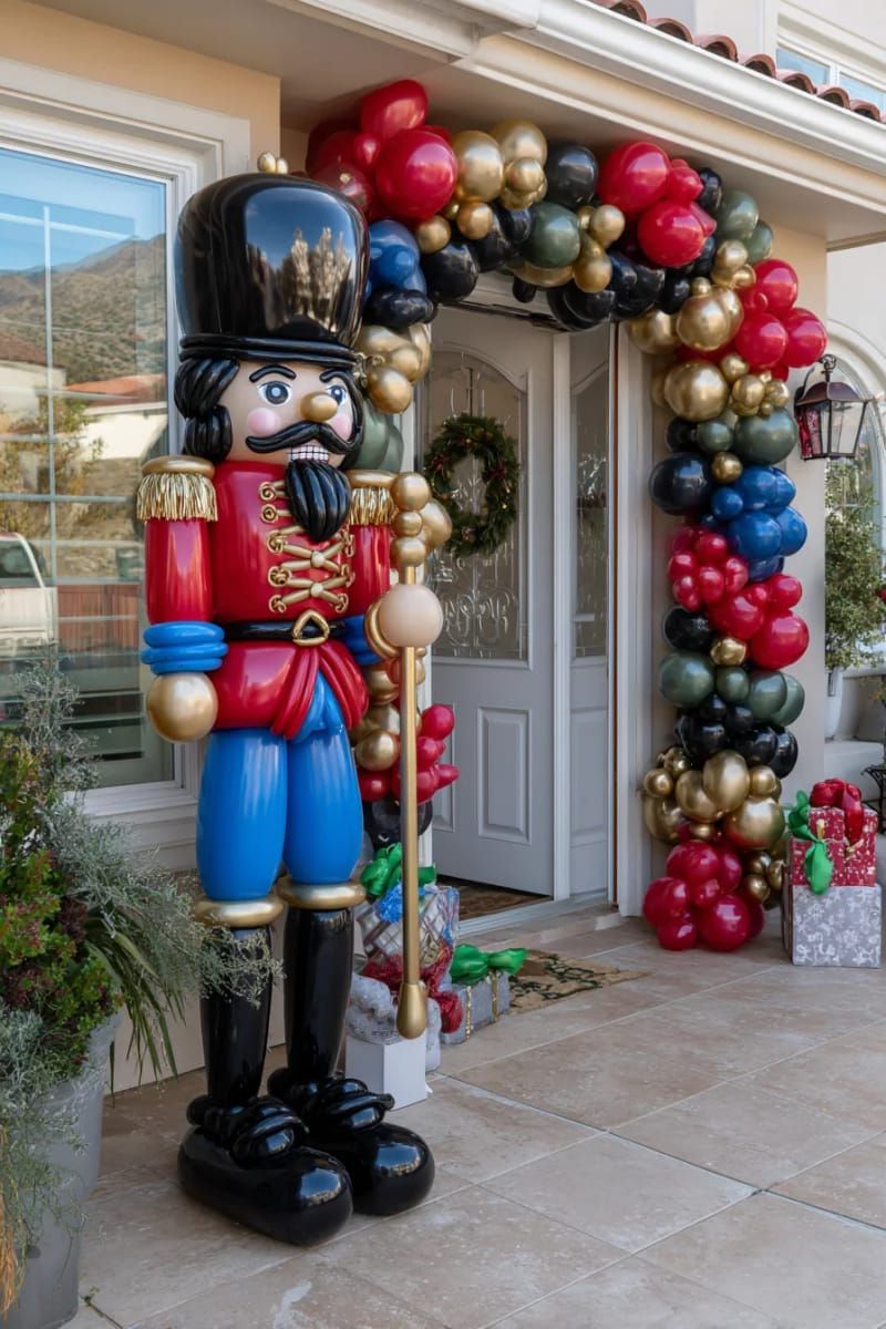giant nutcracker figure crafted entirely from colorful balloons for door greeting 1
