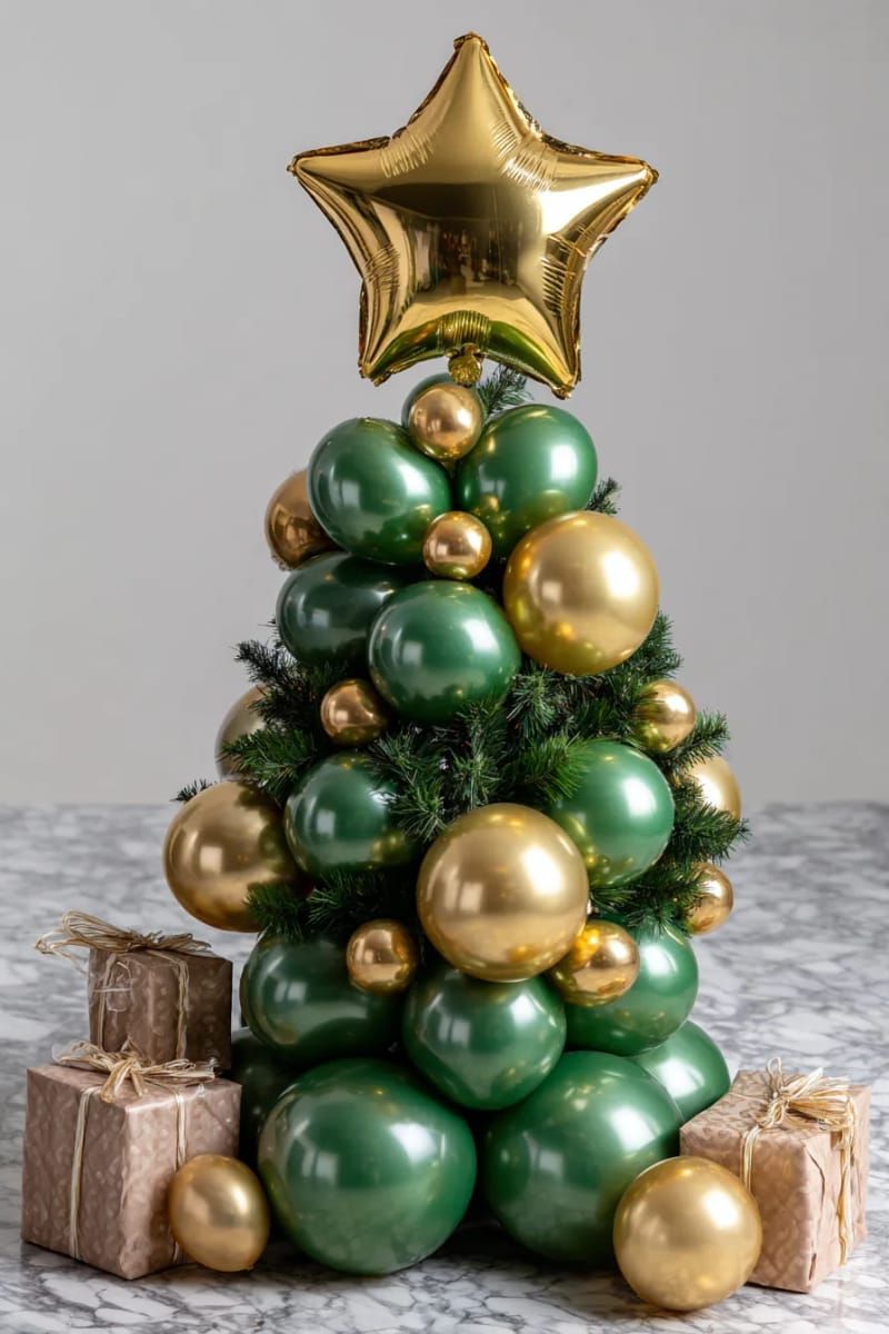 balloon christmas tree with metallic green, gold, and star topper centerpiece 1
