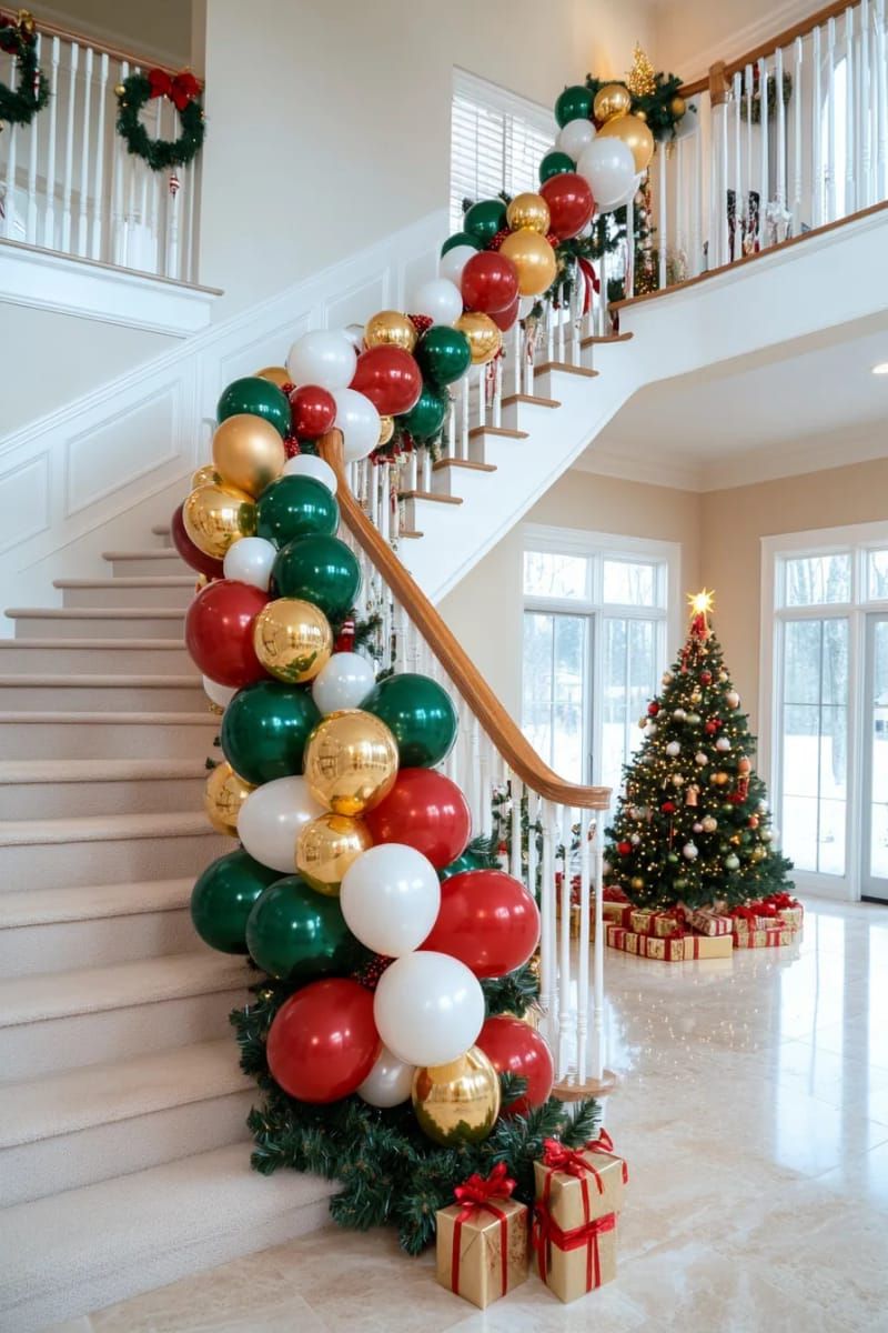 balloon garland trailing up a staircase, interlaced with ribbon and pine 1