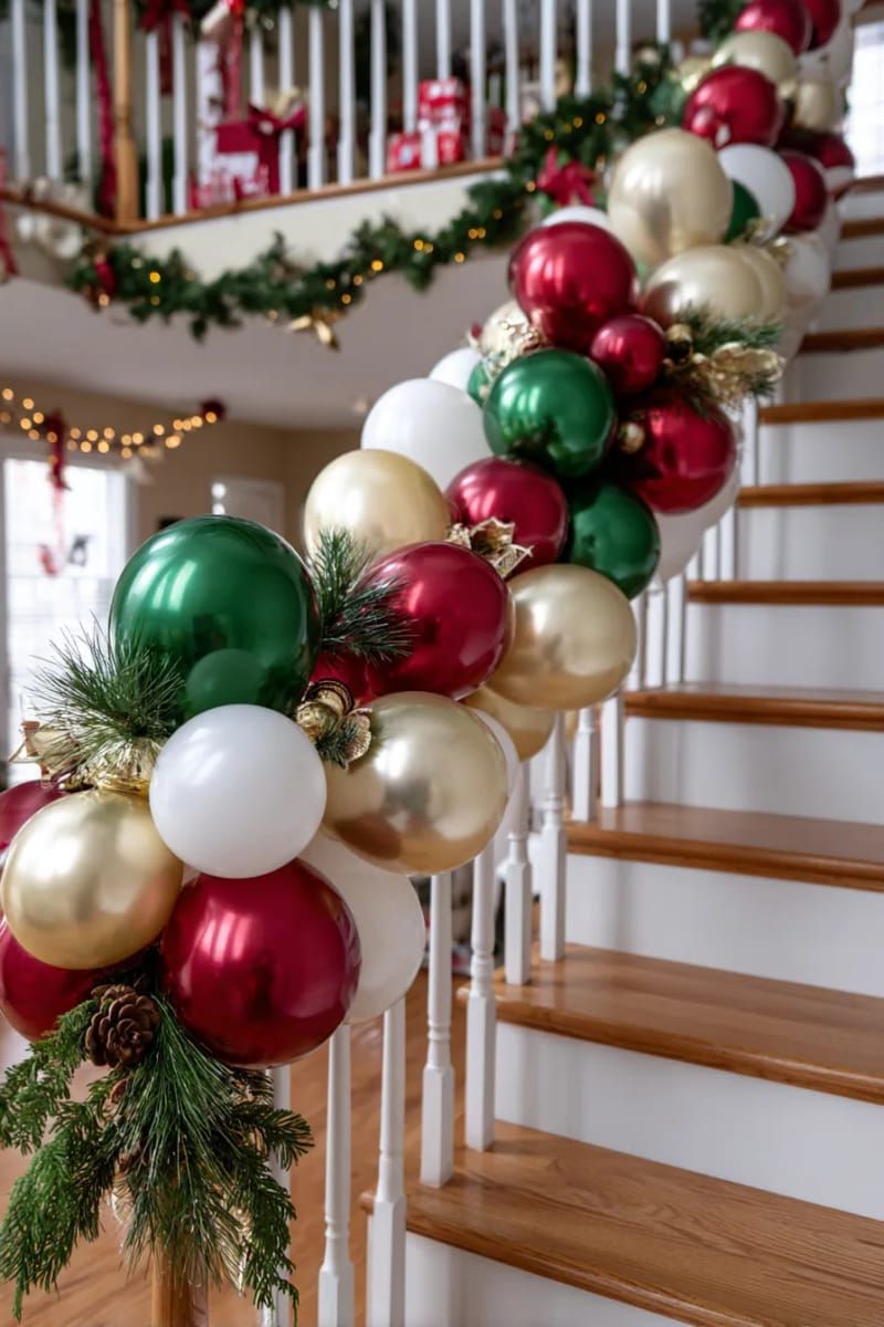 balloon garland trailing up a staircase, interlaced with ribbon and pine 1