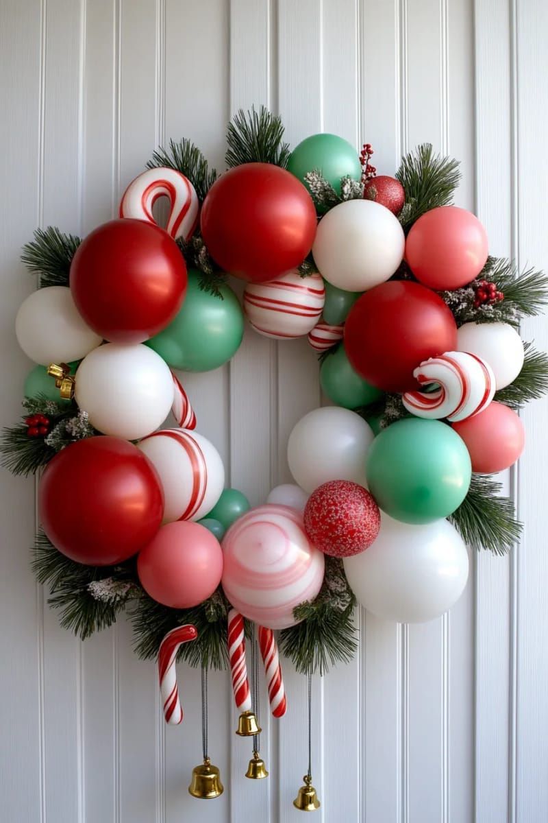 square balloon wreath with candy canes and little gold bells attached 1