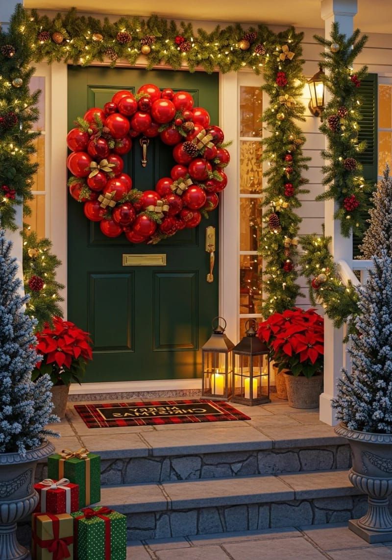 festive balloon wreath with red baubles, green foliage, and gold accents 1