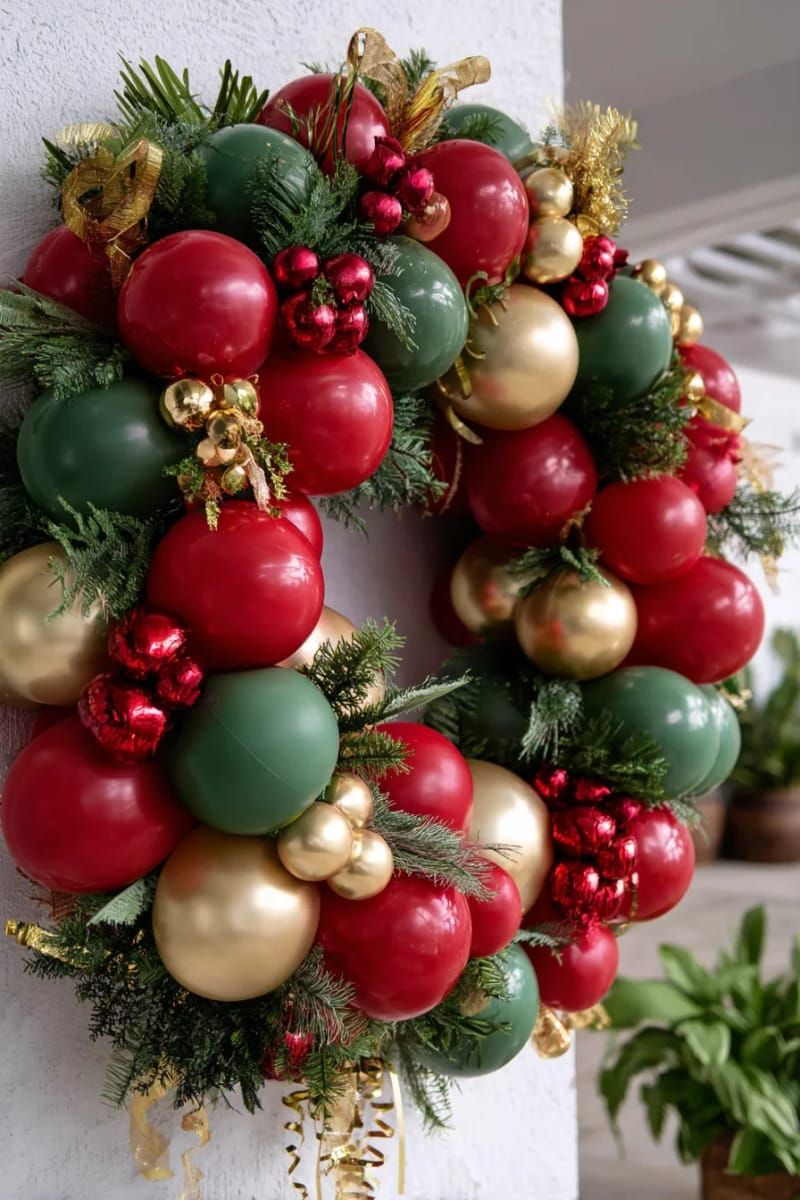 festive balloon wreath with red baubles, green foliage, and gold accents 1