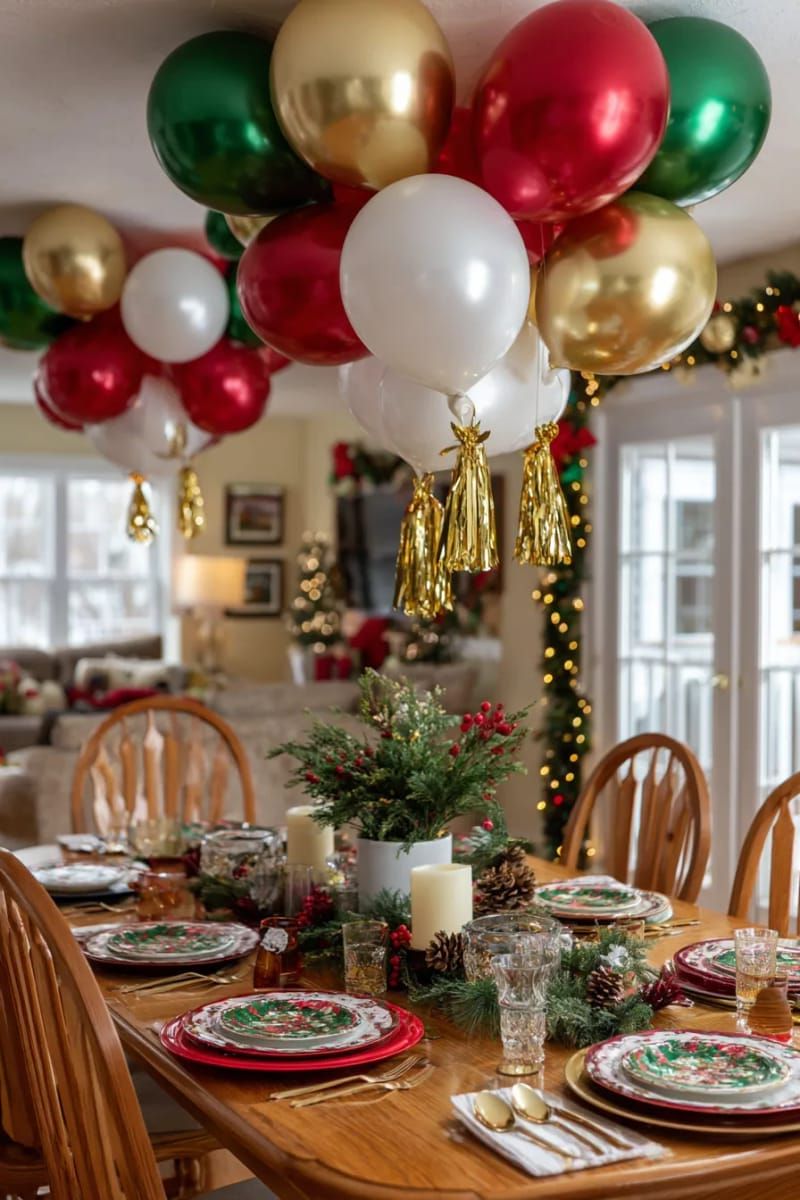 balloon ornament clusters hanging from the ceiling above the dinner table 1