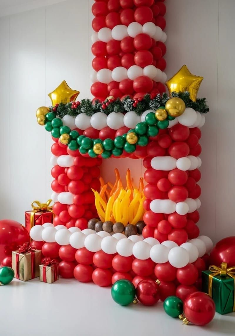balloon fireplace with “flames” in orange and yellow for cozy vibes 1