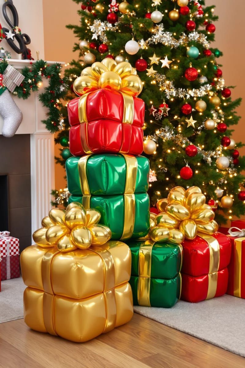 stacked balloon christmas presents with shiny bows under the tree 1