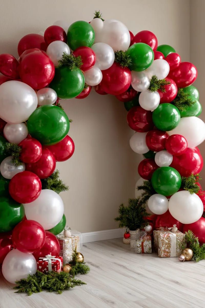 balloon arch in red, green, and white for photo booth backdrop 1