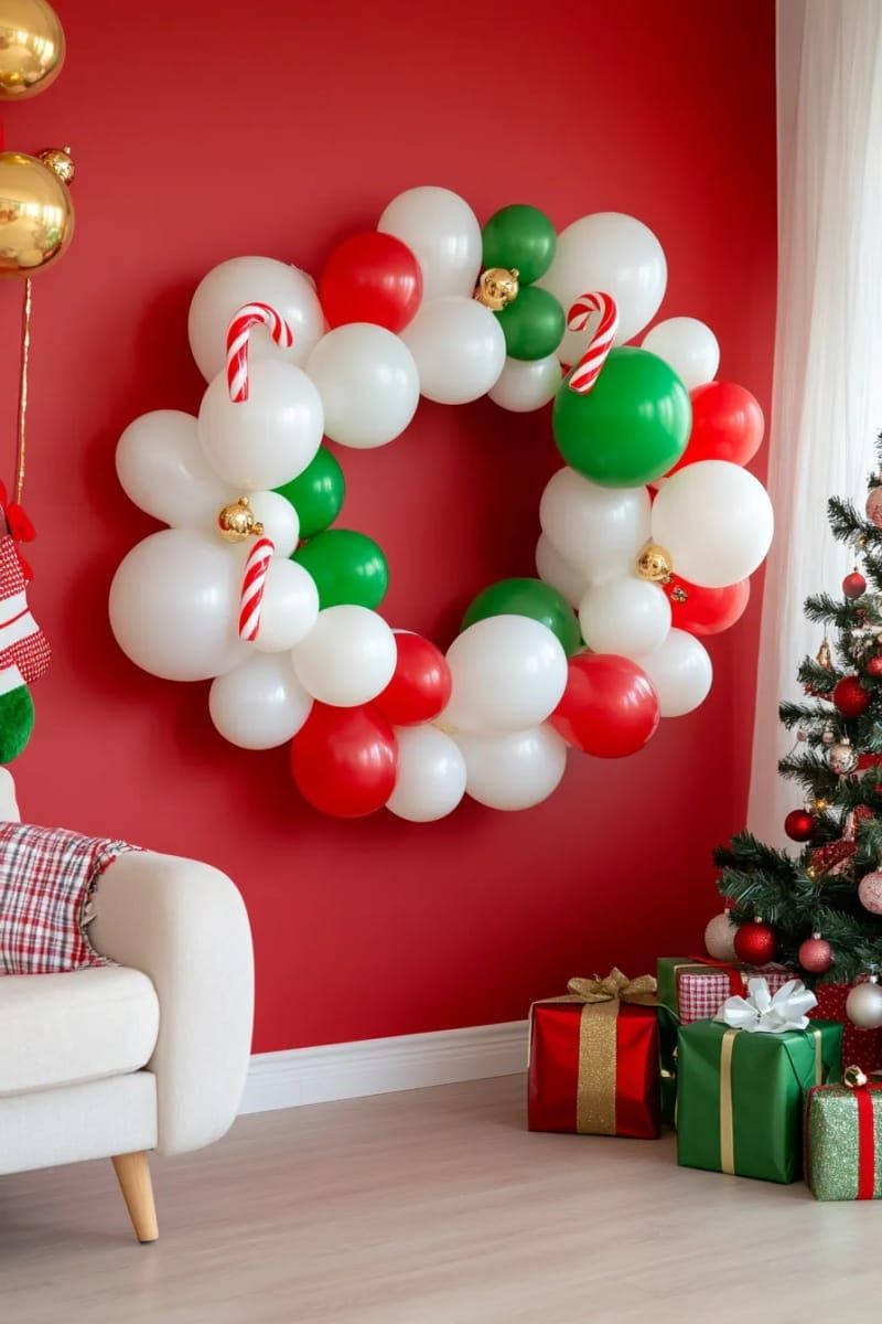 square balloon wreath with candy canes and little gold bells attached 1