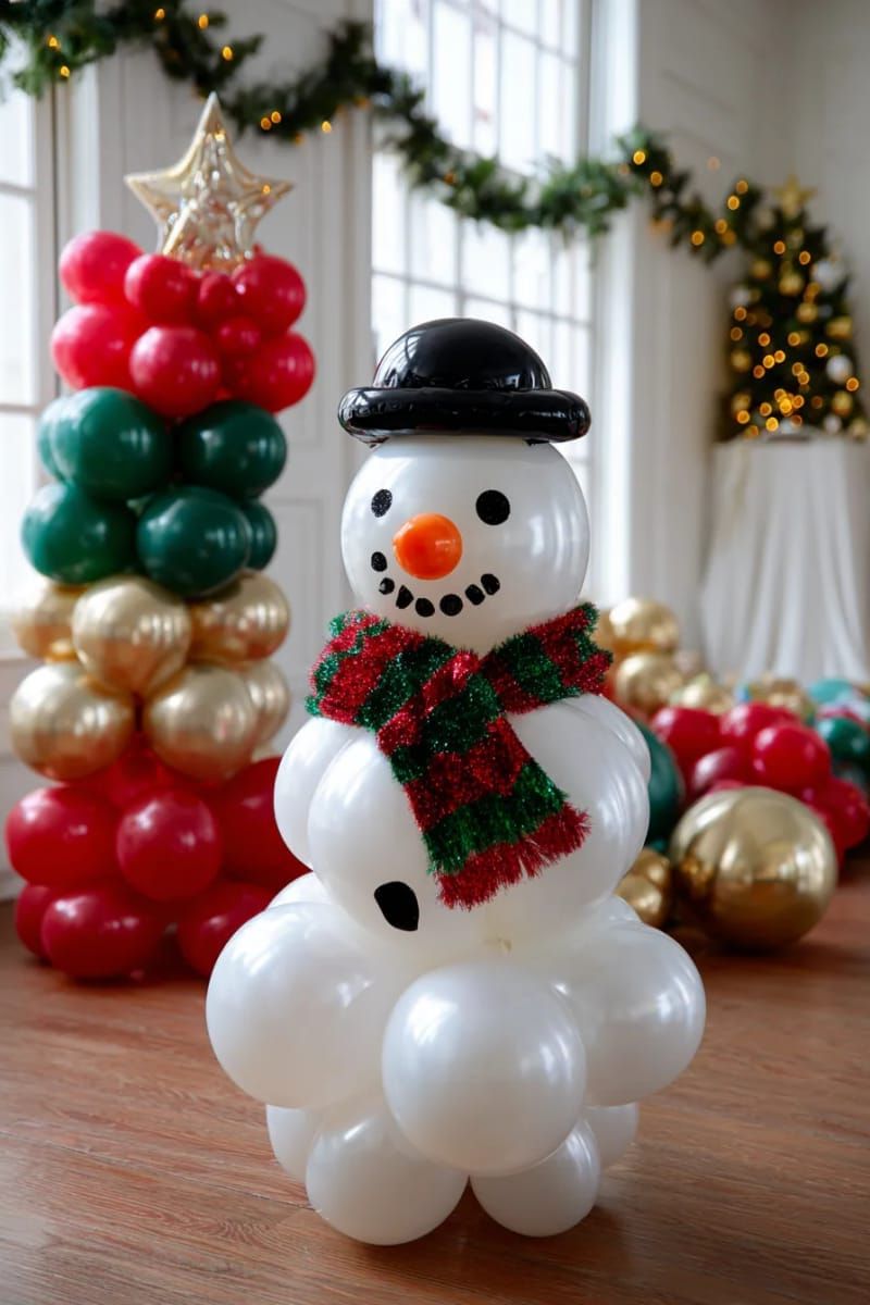 snowman sculpture with white balloons, black hat, carrot nose, and scarf 1